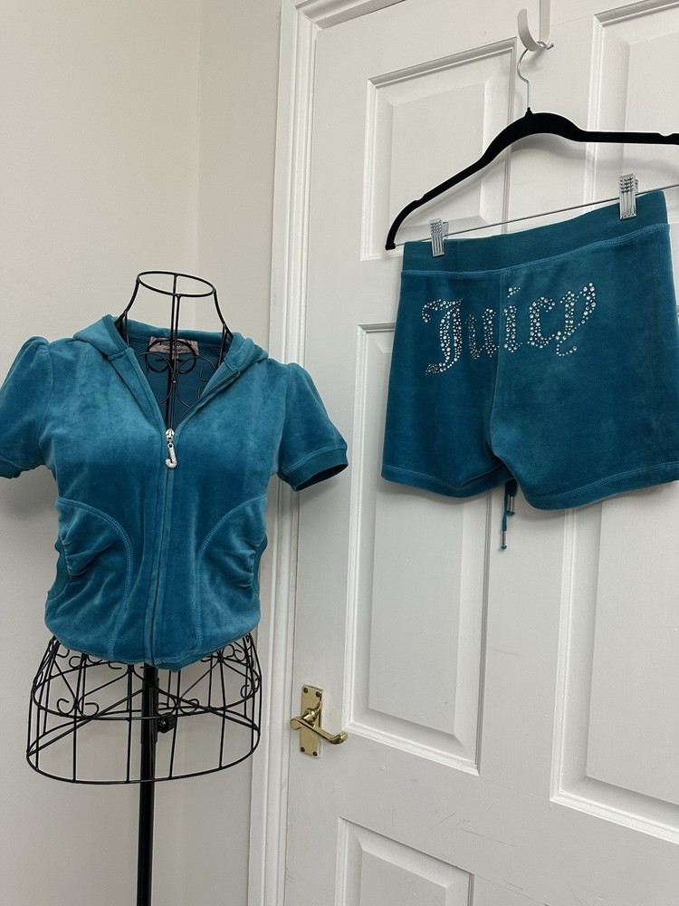 Vintage Juicy Couture USA Velour Hoodie & Shorts Set Turquoise Small Y2K