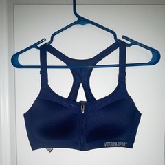 Victoria Sport Zip Front Racerback Sports Bra Blue Solid Logo 36B