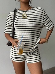 Ladies Short Sleeve Shirts Tops Shorts Set 2PCS Summer Casual Striped Tracksuits