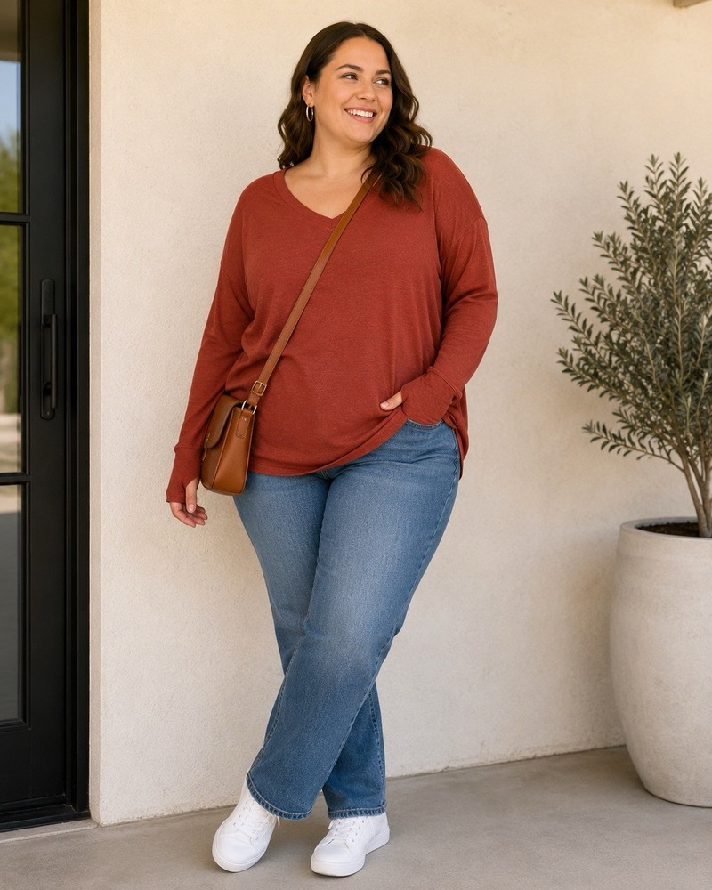 Athleta Rust Long Sleeve Top Vneck Athletic Activewear Plus Thumbholes 3X