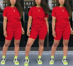 Women’s 2 Piece Casual Fashion Sports Solid Color Suit short Sleeve top and P…