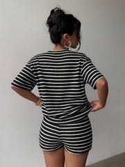 Ladies Short Sleeve Shirts Tops Shorts Set 2PCS Summer Casual Striped Tracksuits