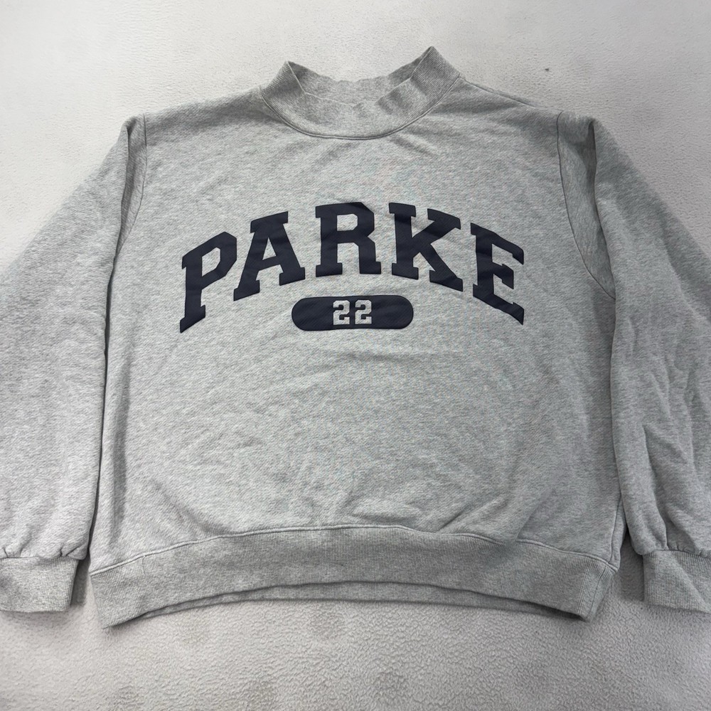 Parke 22 Women’s Varsity Mockneck Sweatshirt Gray/Navy Oversized L/XL Distressed