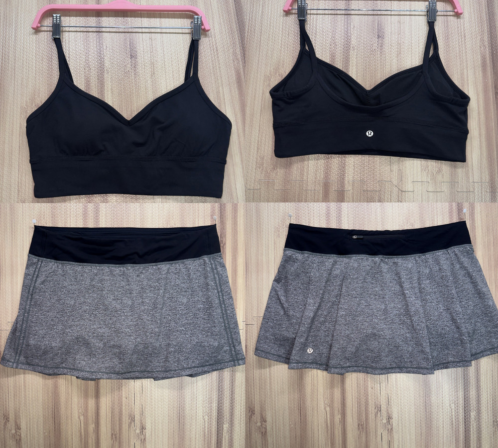 Lululemon Align Sweetheart Bra Pace Rival Tall 15″ Skirt Set Black Gray Sz 12