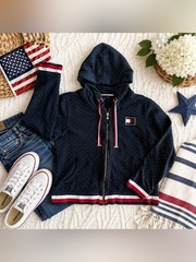 Tommy Hilfiger Navy Polka Dot Zip-Up Hoodie with Red & White Trim
