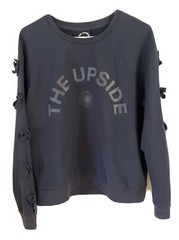 THE UPSIDE knit Top Sz 8 M Long Sleeve tie sides Blue Logo cotton blend New