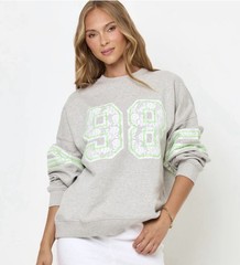$147 NWT L*Space Anthropologie Lace 98 Graphic Legend Sweatshirt Gray Limeade L