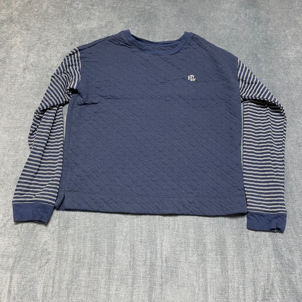 Lauren Ralph Lauren Quilted Sweatshirt Women Large Blue Striped Jersey Knit Logo