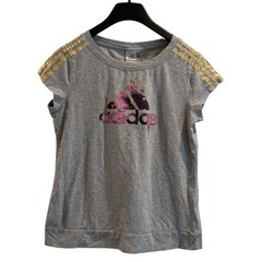 Adidas Climalite Women’s Gray Graphic Logo Tee Gold Stripes Cap Sleeve Size L