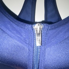 Victoria Sport Zip Front Racerback Sports Bra Blue Solid Logo 36B