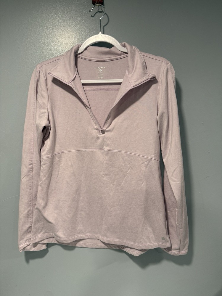 Layer 8 Women’s Quick Dry Collared Long Sleeve Zip Pullover Top M Light Pink
