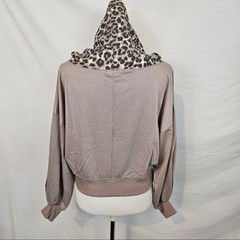Women’s Taupe Leopard Animal Print Hooded Pullover Hoodie Kangaroo Pocket SMALL