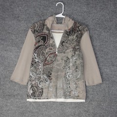 Y2K Grunge Hoodie Womens PL Tan Paisley Quarter Zip 3/4 Sleeve Top Fleur de Lis