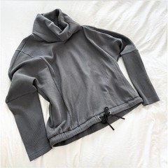 Varley Charles Ribbed Funnel Neck Pullover Gray Drawstring Hem Sweatshirt XS