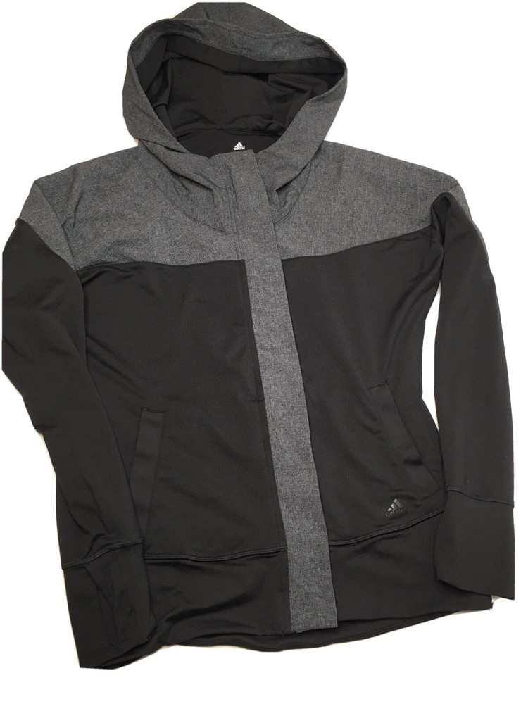 Adidas Women Small Full Zip Running Athletic Hooded Jacket Thumbholes Black Gray