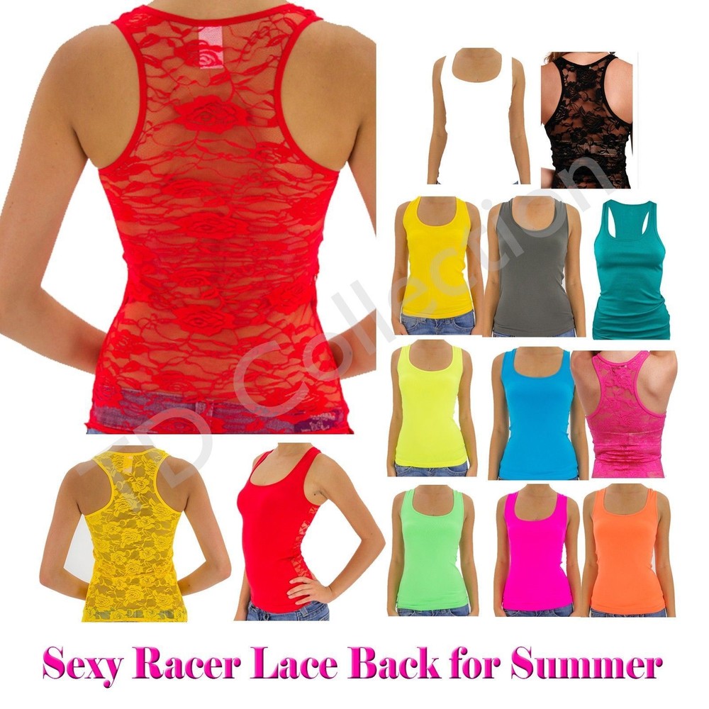 Women’s Racerback Ribbed Tank Top Lace Back Basic Cami Solid Seamless Tee Shirt