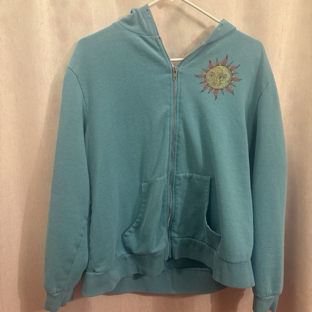 Women’s XL Blue Fleece Cotton Full Zip Hoodie Pockets Sun Graphic Print