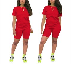 Women’s 2 Piece Casual Fashion Sports Solid Color Suit short Sleeve top and P…