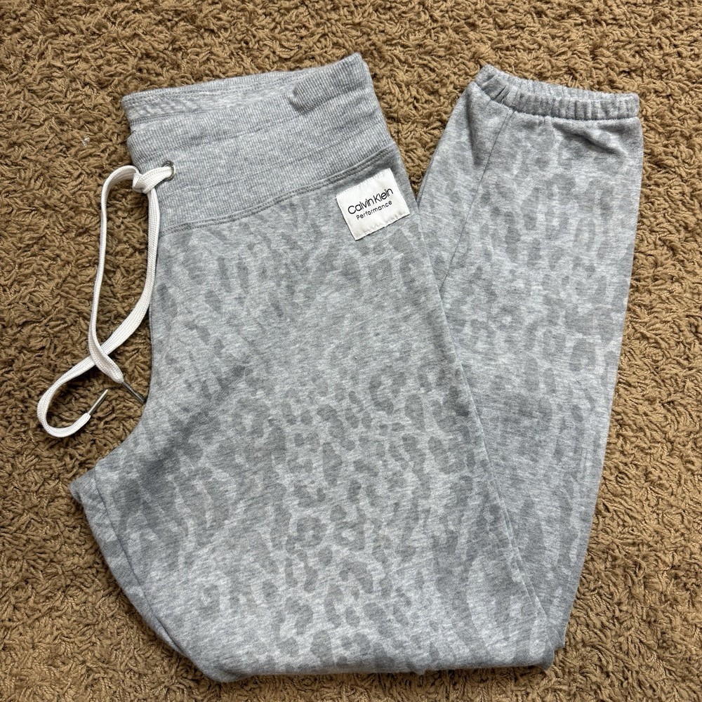 Calvin Klein Womens Performance Joggers Size Medium Grey Leopard Animal Print