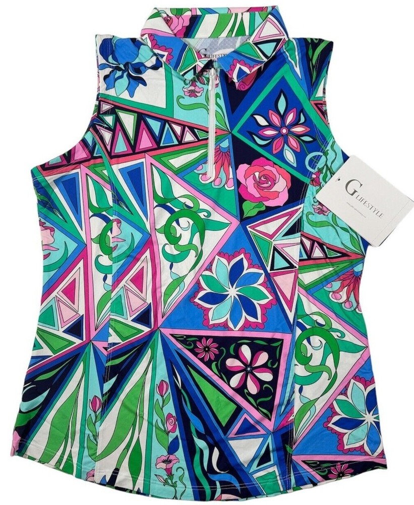 NWT Gottex LifeStyle UPF 1/4 Zip Sleeveless Pullover Geo Print S M L Multi E1