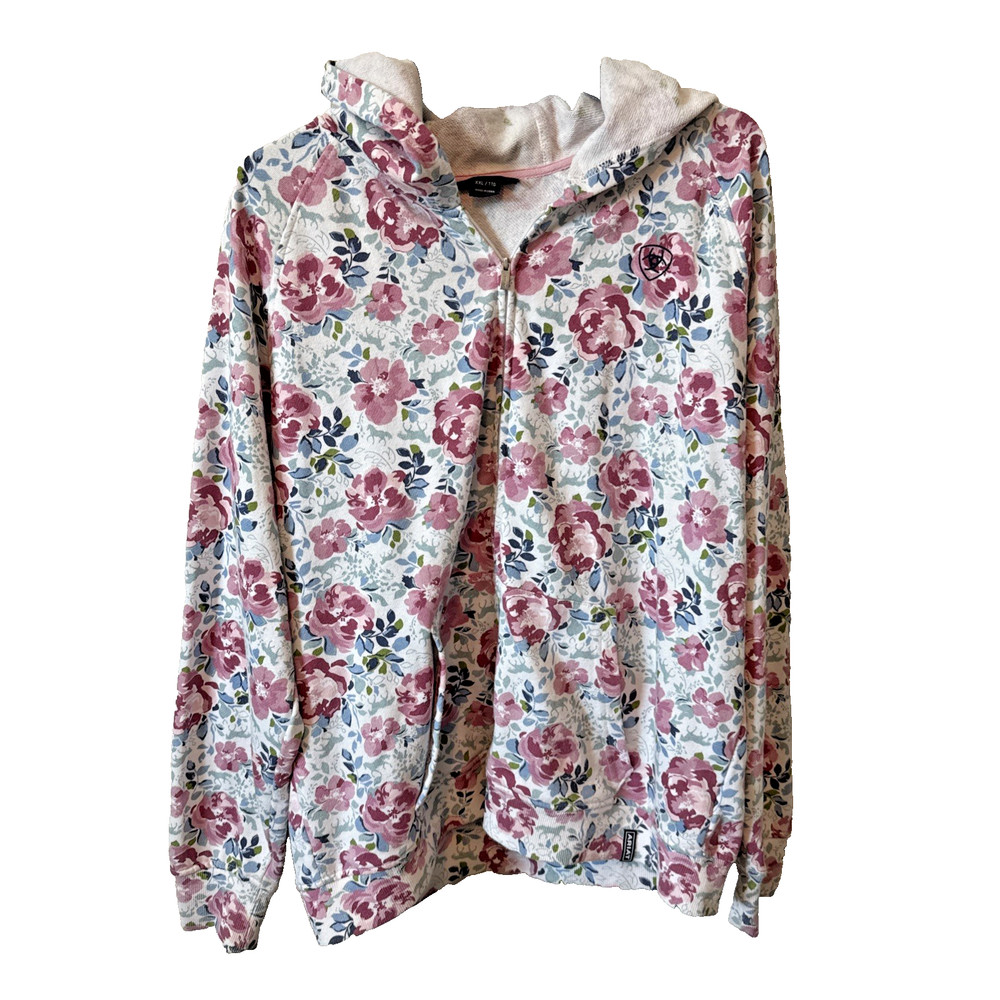 Ariat Hoodie Womens XXL White Pink Blue Floral Roses Full Zip EUC