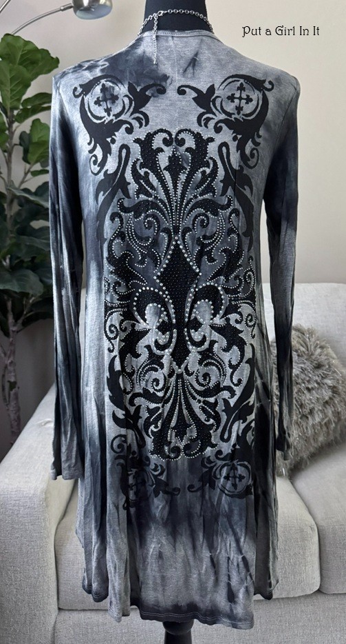 New VOCAL APPAREL Womens CRYSTAL GRAY TIE DYE FLEUR DE LIS CARDIGAN S Small Y2K