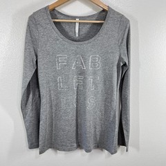 Fabletics Long Sleeve Scoop Neck Tee L Gray Cotton Blend Logo Top Athleisure