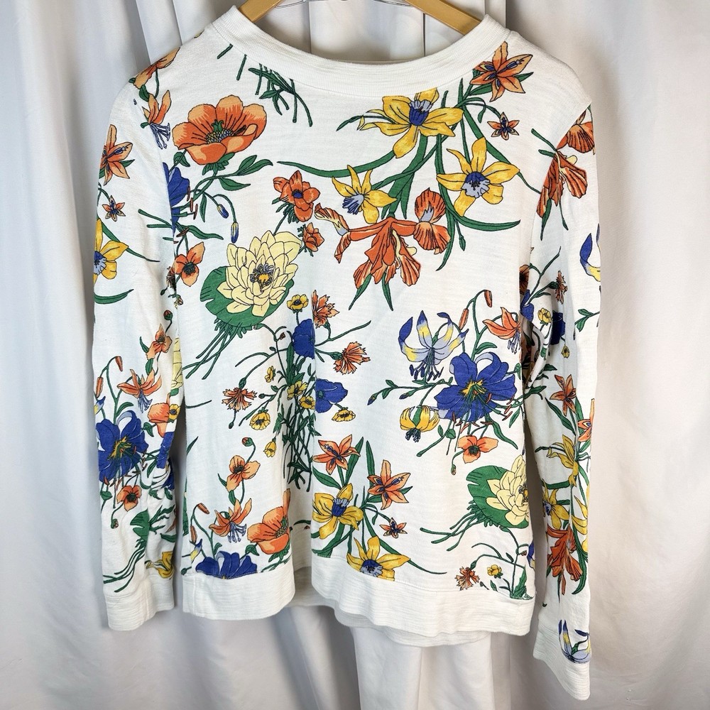 Talbots French Terry Sweatshirt Womens Med Pet White Blue Orange Floral Cotton
