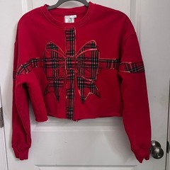 Queen of Sparkles Red Plaid Bow Sweatshirt Small Christmas Holiday Sequin Crop
