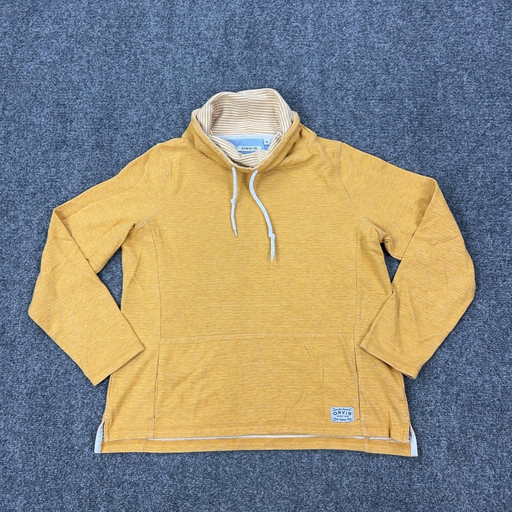 Orvis Sweatshirt Womens M Yellow Cowl Neck Pullover Kangaroo Pocket Logo Raglan