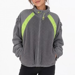 Fashion Gray Neon Green Ruched Sleeve Fleece Zip Up Jacket Medium