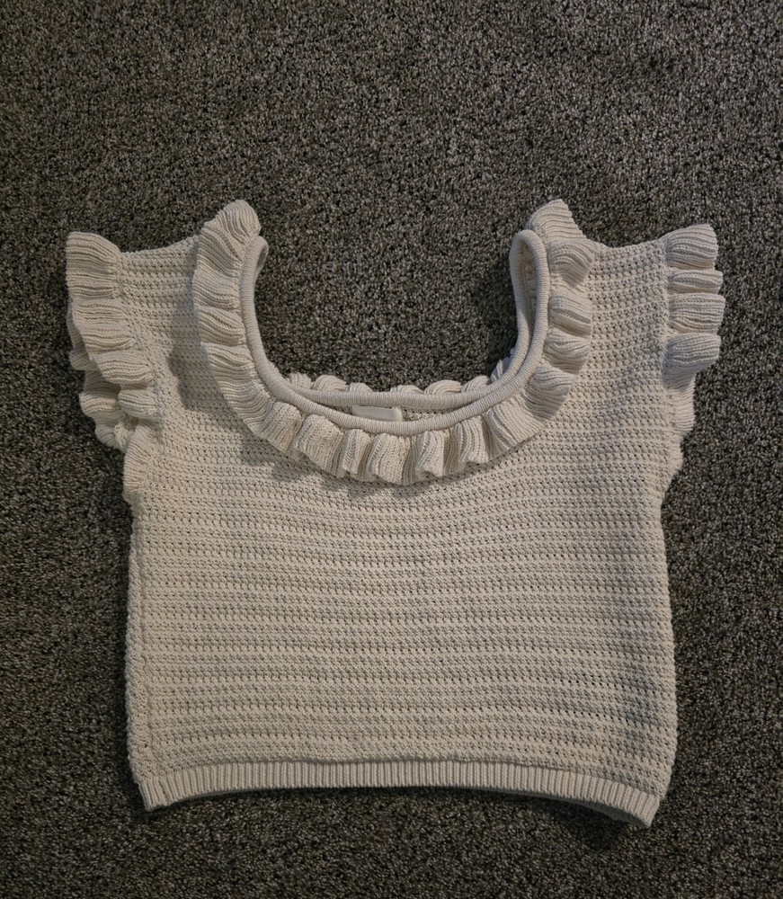 H&M Cream Flounce Crochet Knit Crop Top Flutter Sleeve Boho Cottagecore Sz L EUC