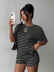 Ladies Short Sleeve Shirts Tops Shorts Set 2PCS Summer Casual Striped Tracksuits