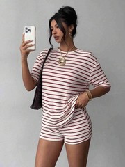 Ladies Short Sleeve Shirts Tops Shorts Set 2PCS Summer Casual Striped Tracksuits