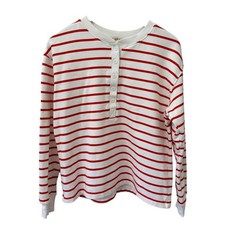 Molly Yeh Henley Sweatshirt Medium Red White Striped Cotton Long Sleeve Top