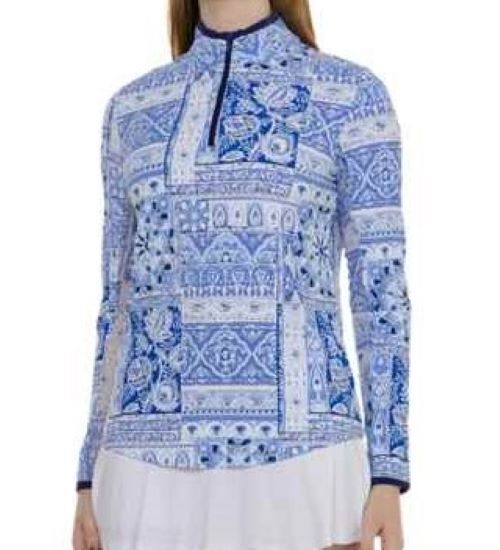 NWT Ladies Gottex G LIFESTYLE JAKARTA BLUE Long Sleeve Mock Golf Shirt S M & L