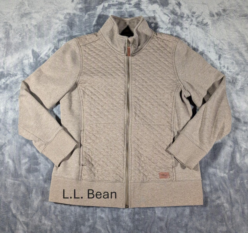 L.L. Bean Brown Quilted Full Zip Mock Neck Long Sleeve Sweatshirt Sz M Petite
