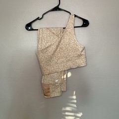 Fabletics 2 Piece Beige Cream Leopard Print Leggings & 1 Shoulder Sports Bra