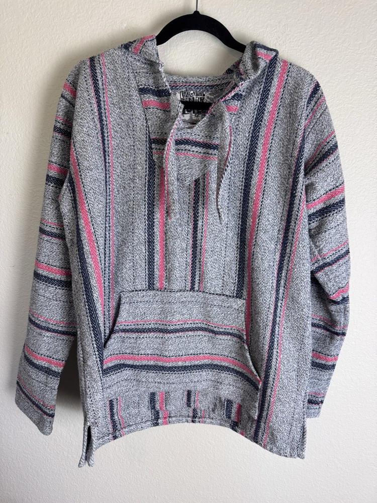 Original Senor Lopez Gray Pink Blue Striped Hoodie Pockets Drawstring L NWOT