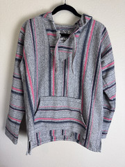 Original Senor Lopez Gray Pink Blue Striped Hoodie Pockets Drawstring L NWOT