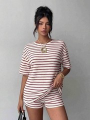 Ladies Short Sleeve Shirts Tops Shorts Set 2PCS Summer Casual Striped Tracksuits