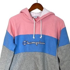 Champion Womens Reverse Weave Colorblock Cropped Hoodie Size M Pink Gray Blue