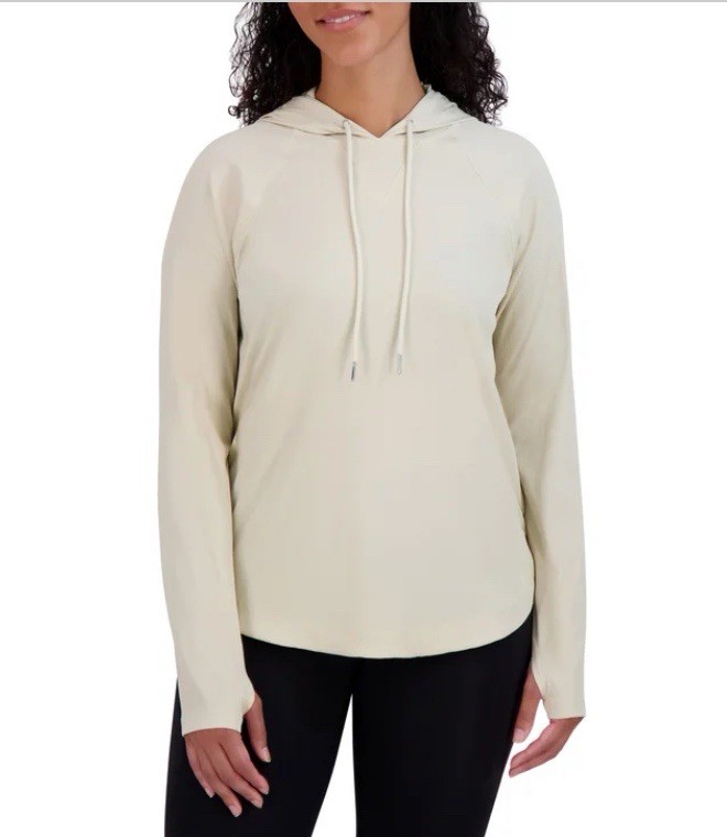 Sage Collective Women’s Tan Hoodie, L, Thumbholes, Ribbed 4-Way Stretch Pullover