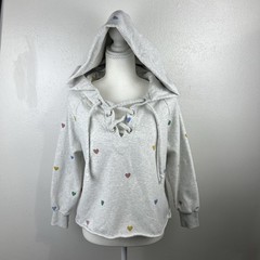 Storia Sweater Women Small Grey Hearts Print Cropped Pullover Oversized Hood