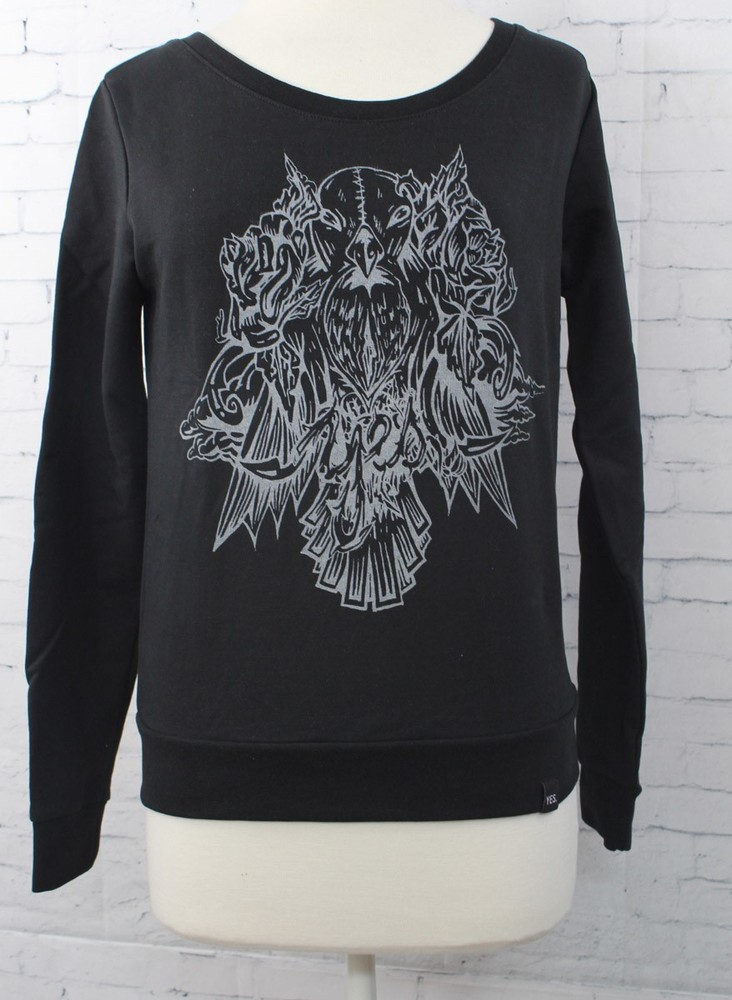 YES Falcon Pullover Crew Sweatshirt Womens Small Black Out W/ Gray Graphic New