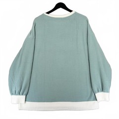 OFEFEAN Womens Oversized Crew Neck Sweater, XL, Light Blue Green White Trim NWT