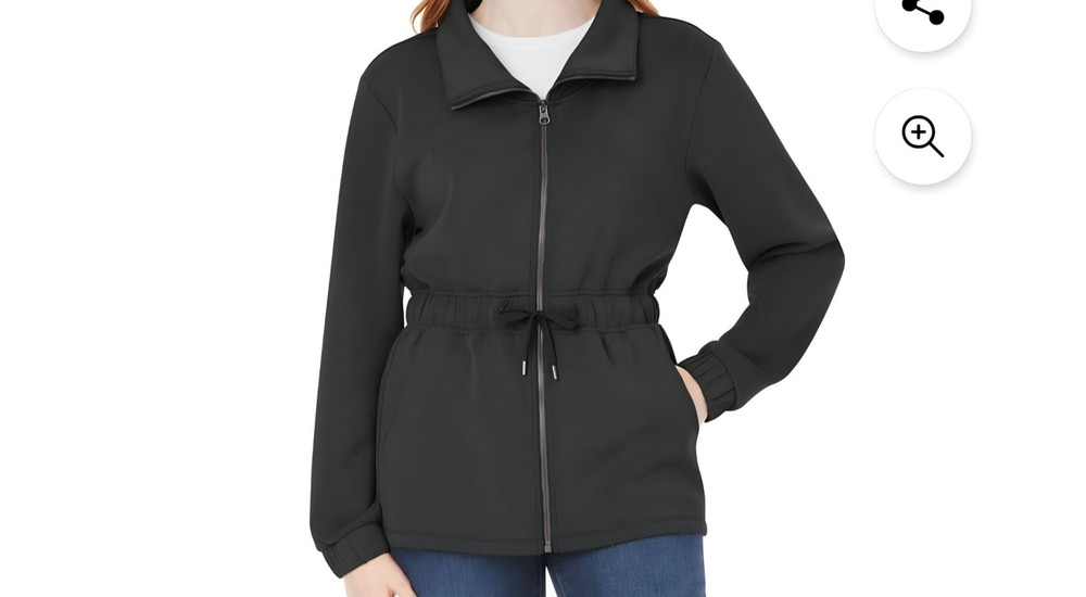 Womens Size XS Jacket Black Mid-Length Full Zip Drawstring Waist Pockets