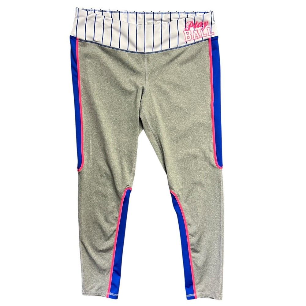 Material Girl Active Leggings Play Ball Baseball Stripe Waist Gray Blue Pink L