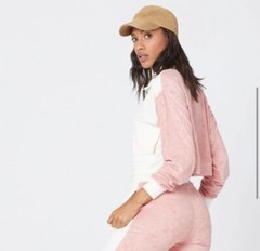NWT L*Space Best Life Crop Pullover Half Zip Pockets Terry Cloth Pink Cream XS