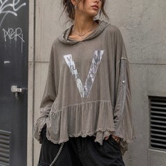 Boho Chic Silver Metallic V Graphic Hoodie OS Peplum Roll Tab Made Italy Retro